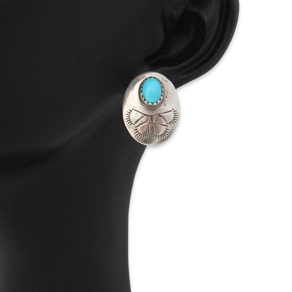 Vintage Native American Turquoise Sterling Silver Stud Earrings Oval Concho Sun - Picture 4 of 4